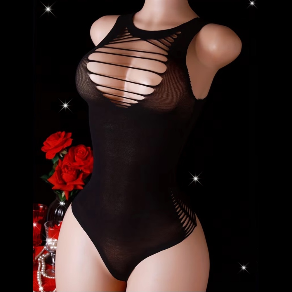 Black, Fishnet Slashes, Lingerie Bodysuit
